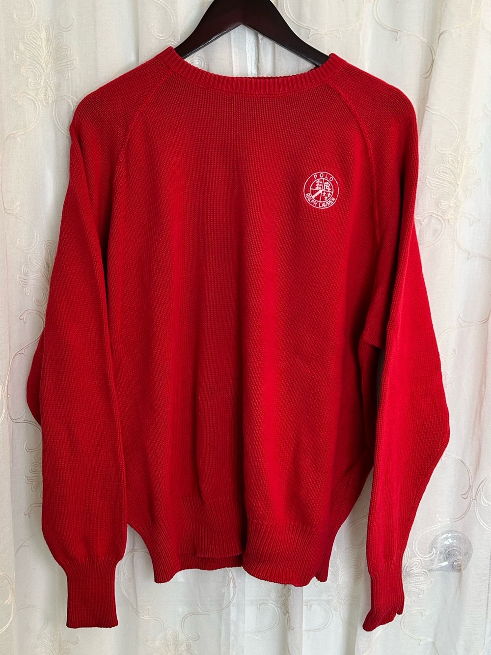 Vintage 90s Polo Ralph Lauren, Rare Cookie Crest Knit Sweater Red – Men's Size L